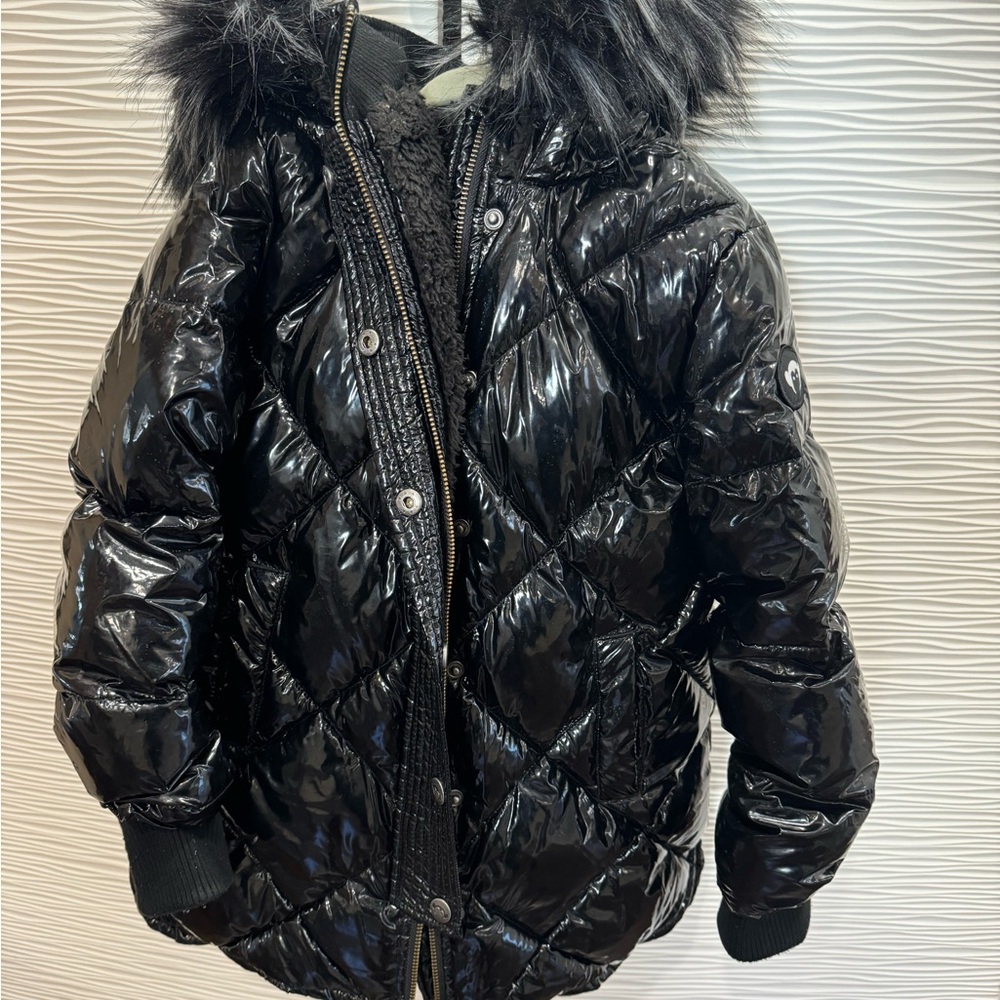 Appaman Shiny Black Puffer Jacket with Faux Fur Hood
